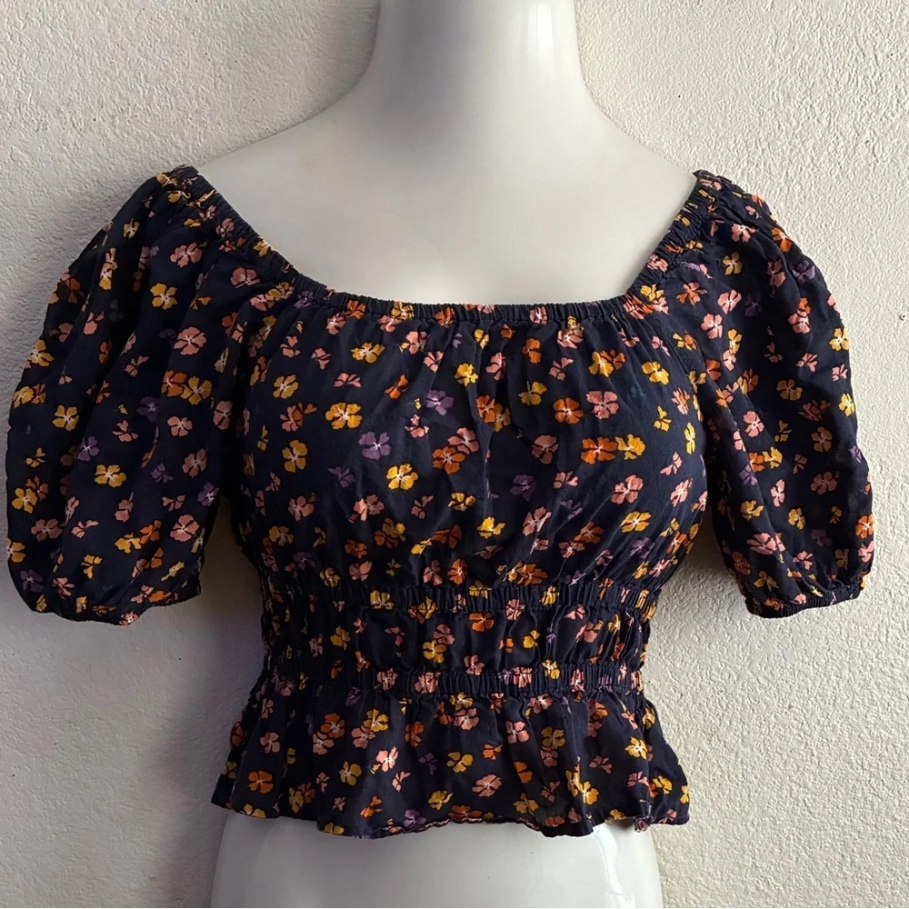 Madewell  Puff-Sleeve Square Neck Smocked-Waist in Aloha Floral Crop Top S